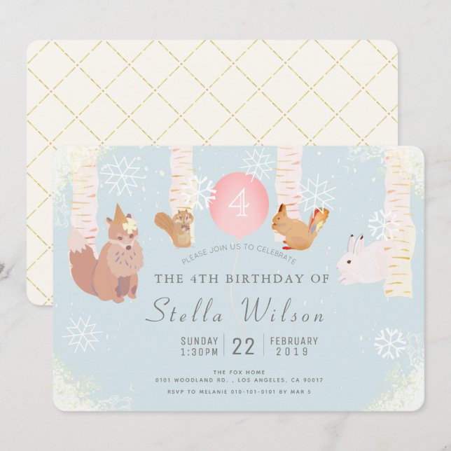 Winter Snow Woodland Animals Birthday Invitation (Front/Back)