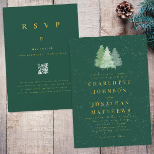 Winter Snow Woodland Green Gold Wedding QR Code Invitation
