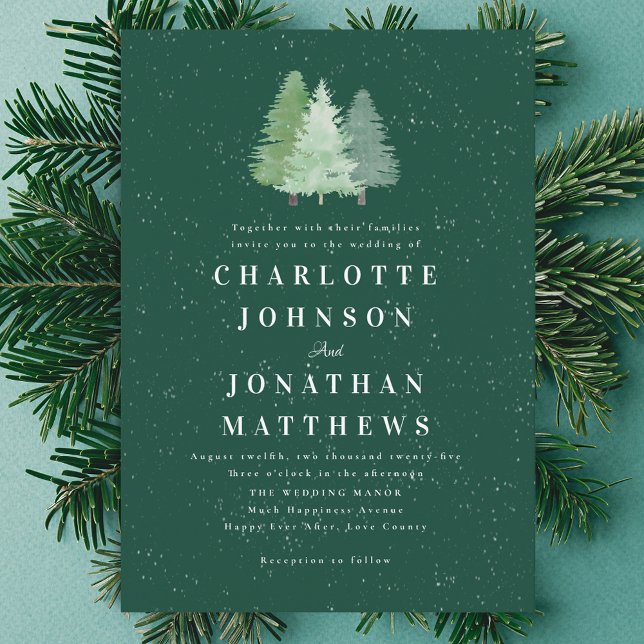 Winter Snow Woodland Watercolor Wedding Invitation (Elegant modern Watercolor winter snow Woodland wedding invitation)