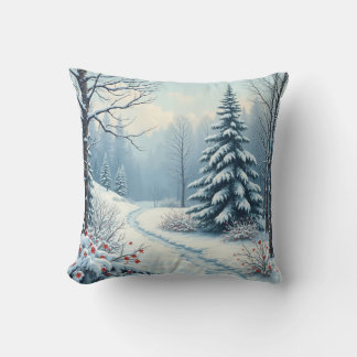 Winter snow woods and forest throw pillow