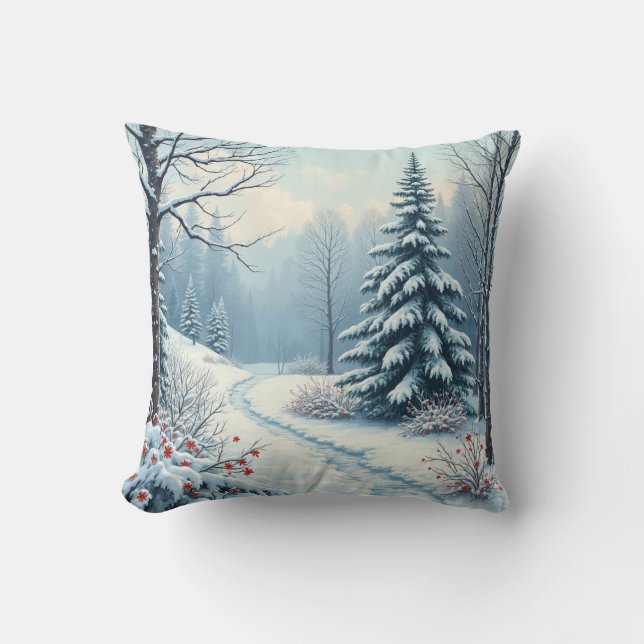 Winter snow woods and forest throw pillow (Front)
