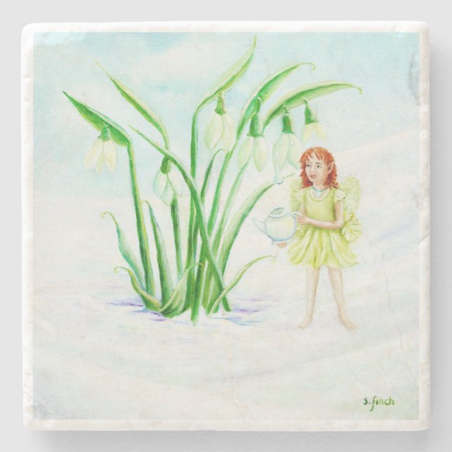 Winter Snowdrop Fairy Magic Stone Coaster (Front)