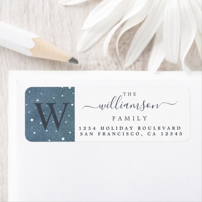 Winter Snowfall Dark Blue Monogram Adresse de reto (En situation)
