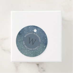 Winter Snowfall Dark Blue Monogram Holiday Favour Tags