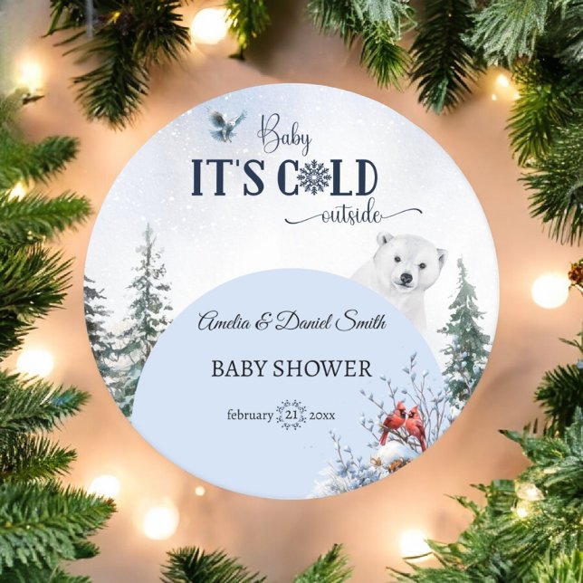 Winter Snowflake Baby Cold Outside Bear Owl  Round Paper Coaster (Creator Uploaded)