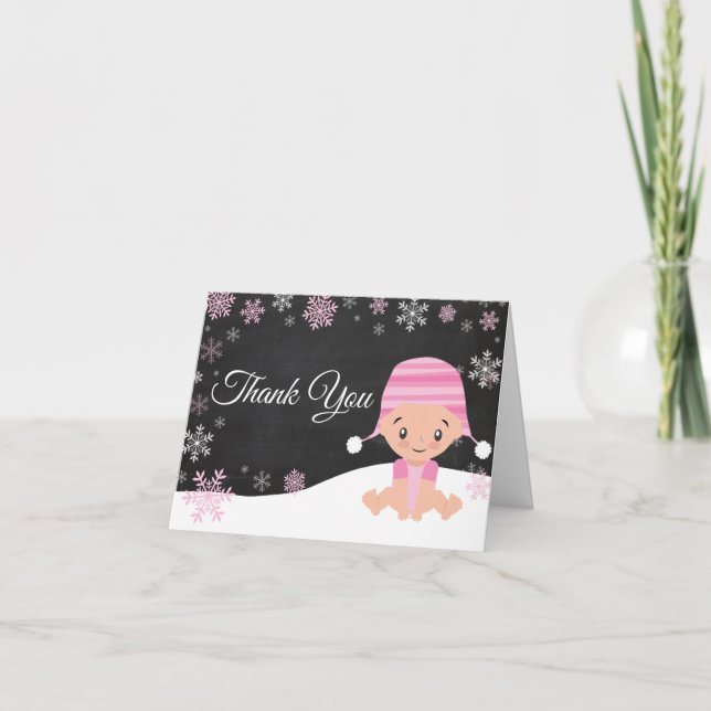 Winter Snowflake Baby Girl Pink Thank You Card (Front)