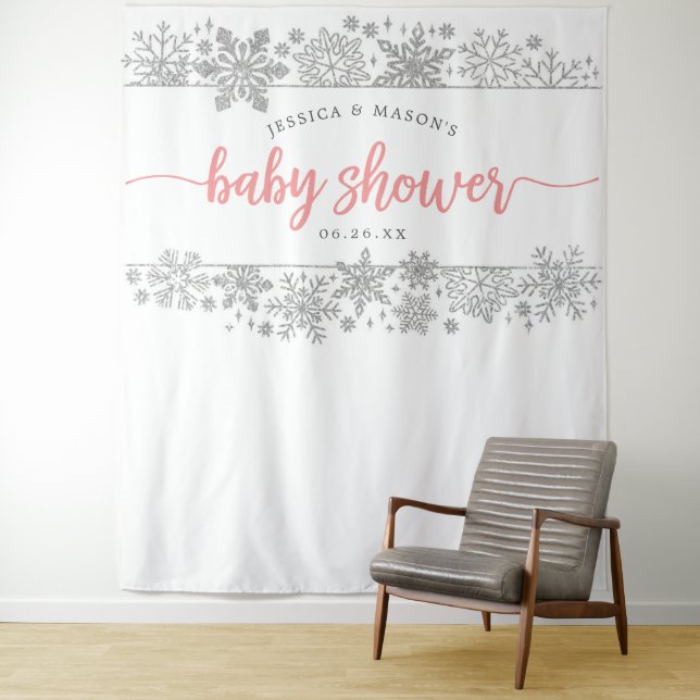 Winter Snowflake Baby Shower Backdrop Photo Booth Tapestry (In Situ)