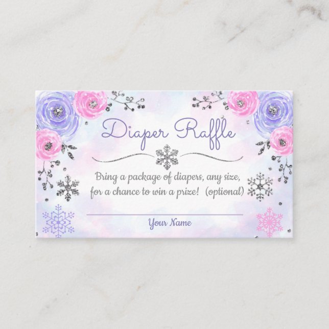 Winter Snowflake Baby Shower Diaper Raffle Card (Front)