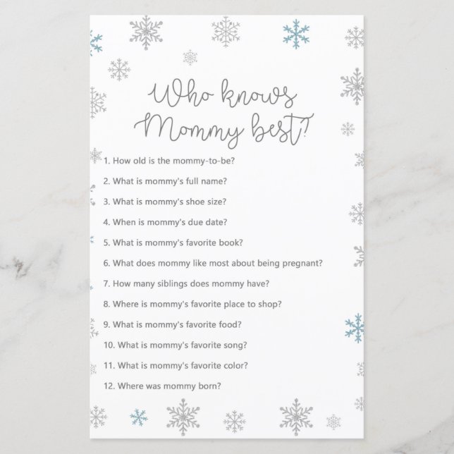 Winter Snowflake Baby Shower Game PRINTED (Front)