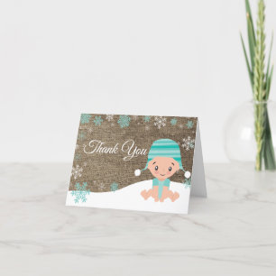 Winter Snowflake Baby Teal Burlap Thank You Card