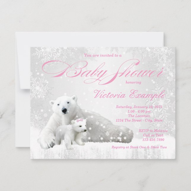 Winter Snowflake Bear Girl Baby Shower Invitations (Front)