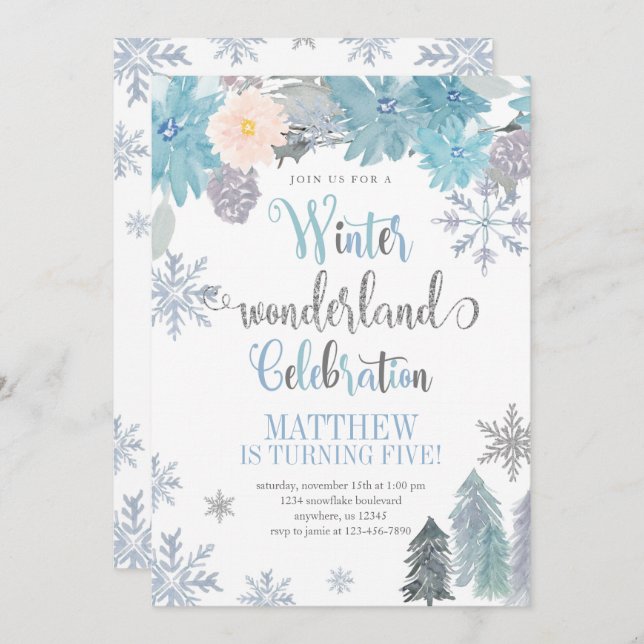 Winter Snowflake Birthday Invitation Blue Boy (Front/Back)