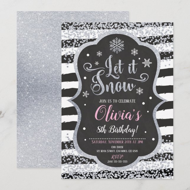 WInter Snowflake Birthday Invitation Glitter (Front/Back)