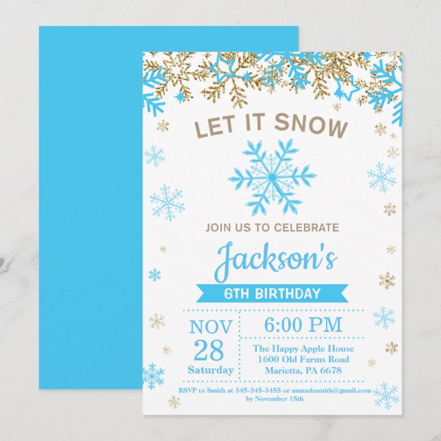 Winter Snowflake Blue and Gold Boy Birthday Invitation (Front/Back)