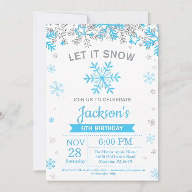 Winter Snowflake Blue and Silver Boy Birthday Invitation (Front)