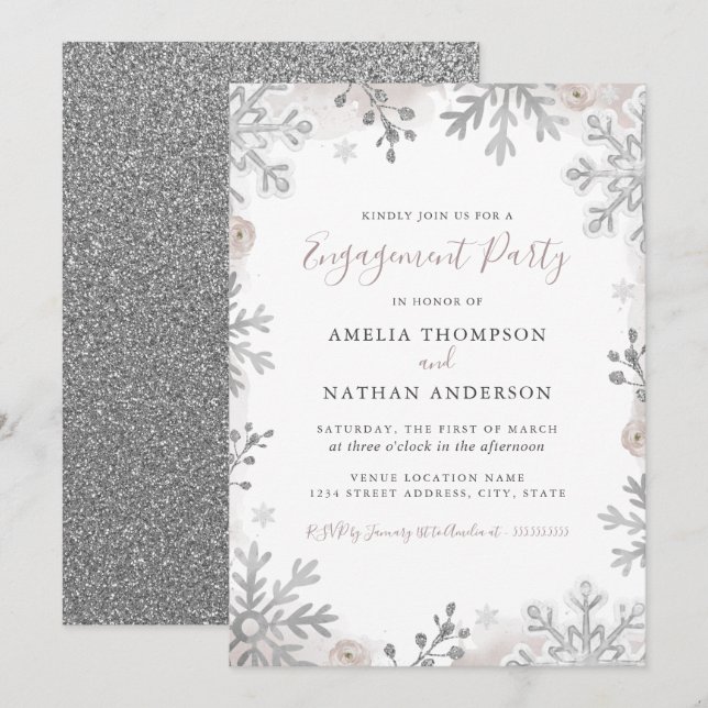 Winter Snowflake Blush Silver Engagement Party Invitation (Front/Back)