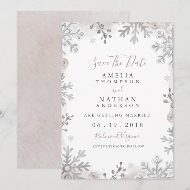 Winter Snowflake Blush Wedding Save The Date  Invitation (Front/Back)