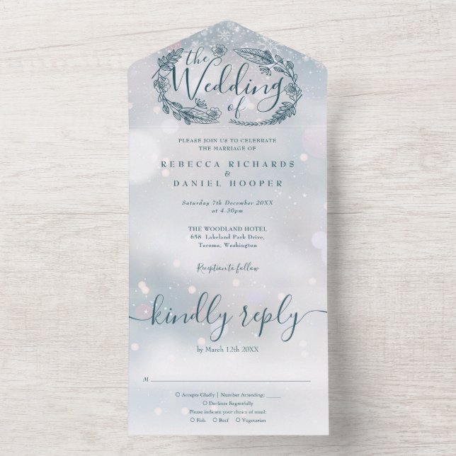 Winter Snowflake Bohemian Foliage Wedding All In One Invitation (Inside)