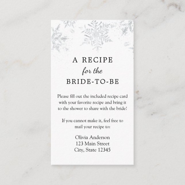 Winter Snowflake Bridal Recipe Request  Enclosure Card (Front)
