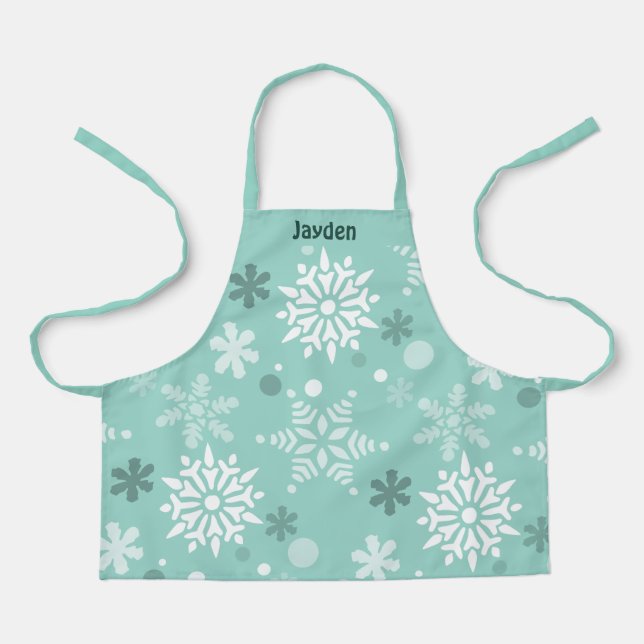 Winter Snowflake Crystal Christmas Turquoise-Blue  Apron (Front)