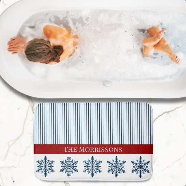 Winter Snowflake Decor with Stripes and Red Accent Bath Mat (Creator Uploaded)