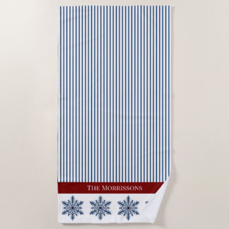 Winter Snowflake Decor with Stripes and Red Accent Beach Towel