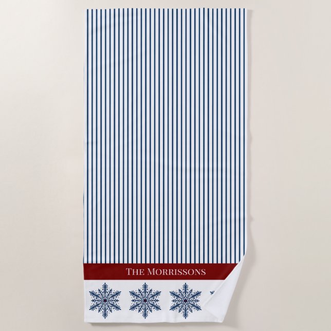 Winter Snowflake Decor with Stripes and Red Accent Beach Towel (Front)