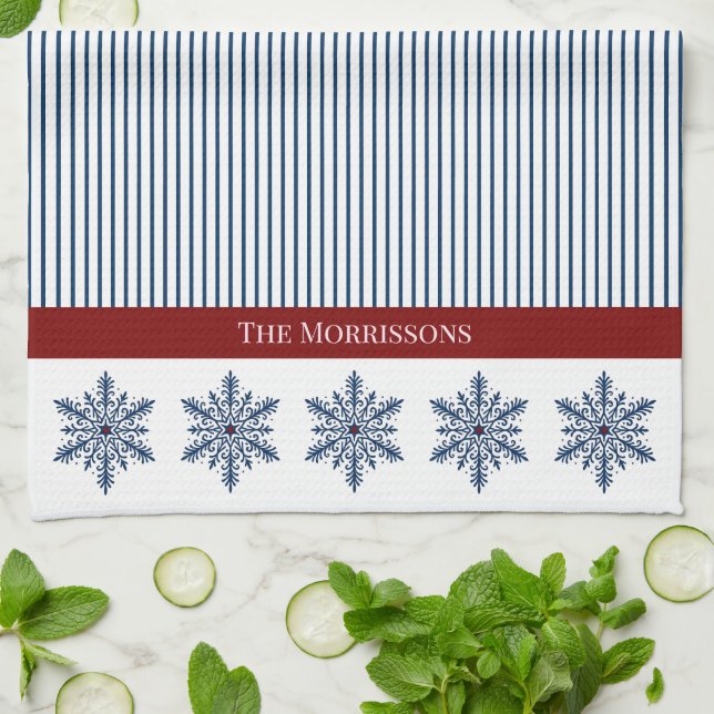 Winter Snowflake Decor with Stripes and Red Accent Kitchen Towel (Folded)