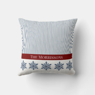 Winter Snowflake Decor with Stripes and Red Accent Throw Pillow