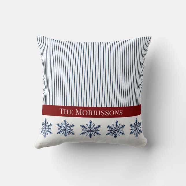 Winter Snowflake Decor with Stripes and Red Accent Throw Pillow (Back)