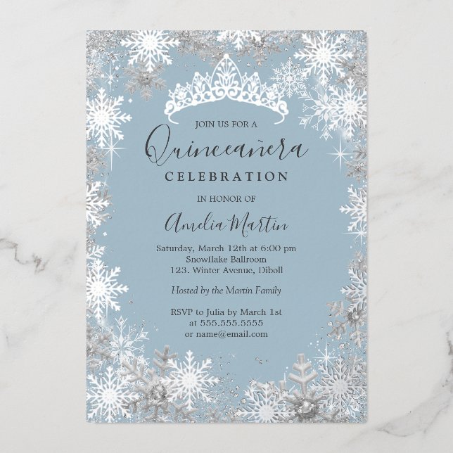 Winter Snowflake Dusty Blue Silver Quinceanera (Front)