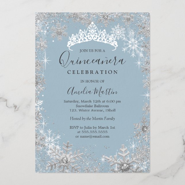 Winter Snowflake Dusty Blue Silver Quinceanera (Front)