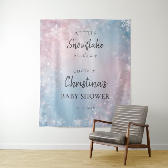 Winter Snowflake Gender Neutral Baby Shower Sign Tapestry (In Situ)
