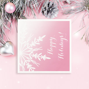 Winter Snowflake on Pink Happy Holidays Christmas Napkin
