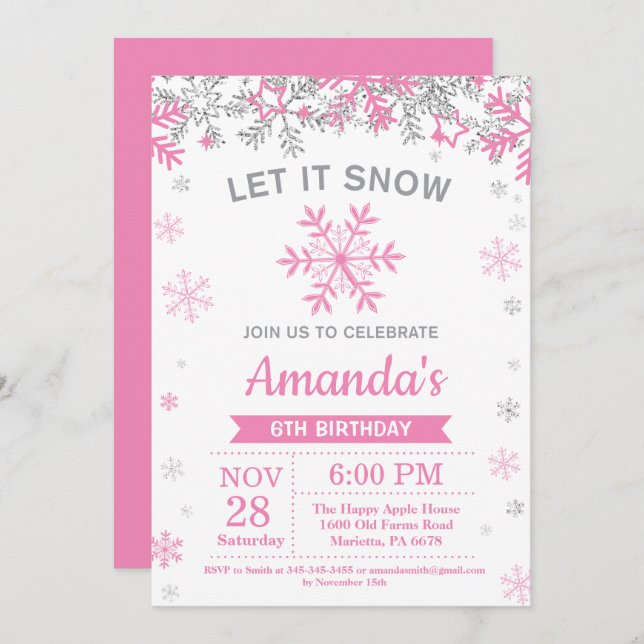 Winter Snowflake Pink and Silver Girl Birthday Invitation (Front/Back)