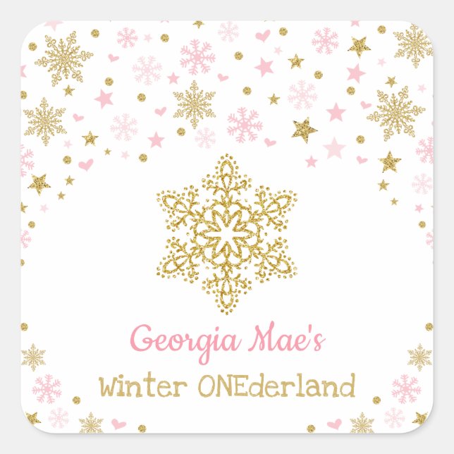Winter Snowflake Pink Gold Birthday Party Favours Square Sticker (Front)