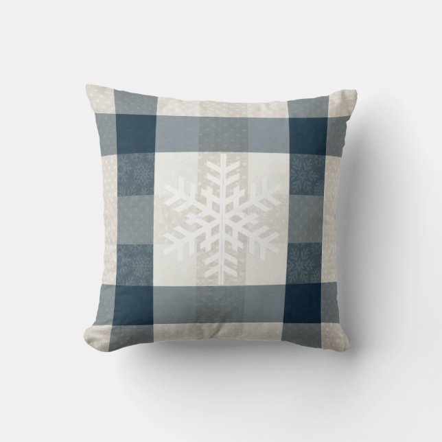 Winter Snowflake Plaid Favourite Things Blue Cream Throw Pillow (Front)