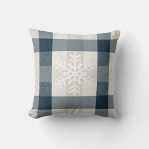 Winter Snowflake Plaid Favourite Things Blue Cream Throw Pillow