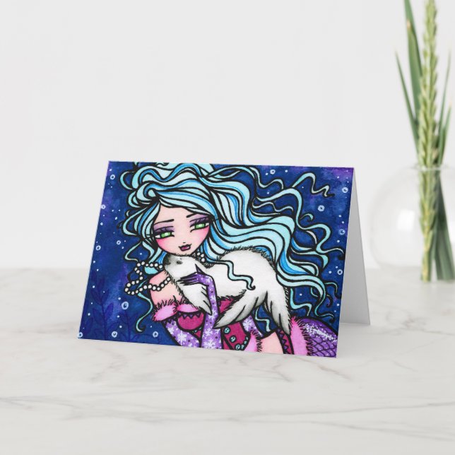 Winter Snowflake Seal Mermaid Fantasy Art Card (Front)