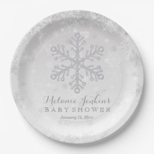 Winter Snowflake Silver Baby Shower Paper Plates