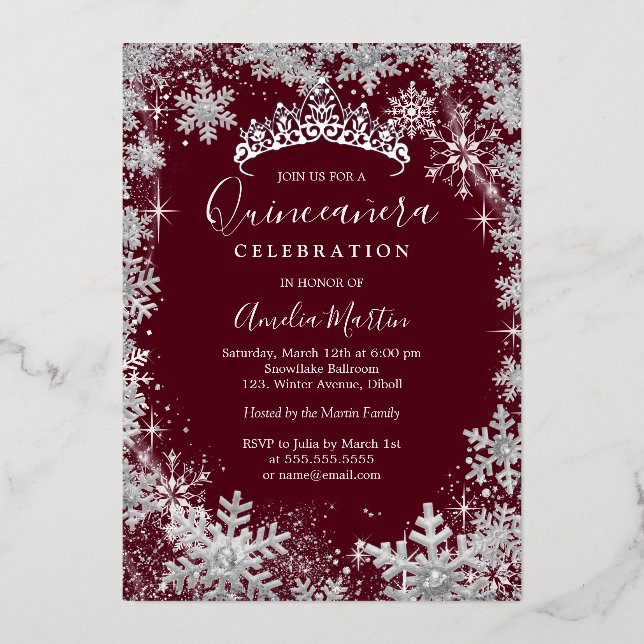 Winter Snowflake Silver Burgundy Quinceanera (Front)