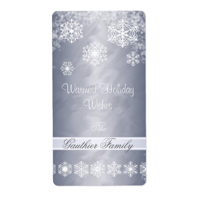 Winter Snowflake Silver Holiday Wine Label (Front)