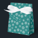 Winter Snowflake Teal Blue Holiday Favor Box<br><div class="desc">Teal blue favour box with ribbon bow. Box is emblazoned with white and grey snowflakes of varying sizes. Perfect for party take-aways,  host gifts,  baked goods,  and more. Design is available in a curated collection of modern holiday colours. Contact us for any customizations. Happy holidays!</div>