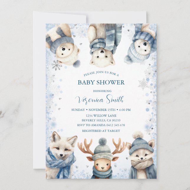 Winter Snowflake Woodland Animals Baby Shower Invitation (Front)