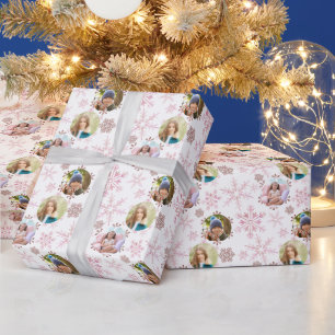 Winter Snowflakes and 3 Photo Pattern Red Pink Wrapping Paper