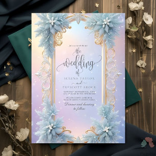 Winter Snowflakes and Blue Florals Wedding Invitation