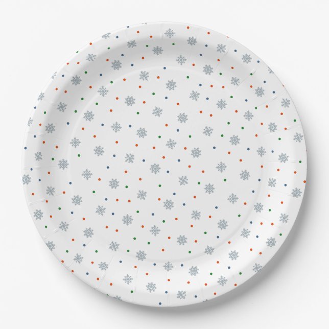 Winter snowflakes and dots pattern paper plate (Front)