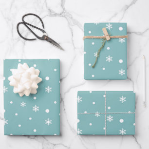 Winter Snowflakes and Polka Dots Pattern in Teal Wrapping Paper Sheet