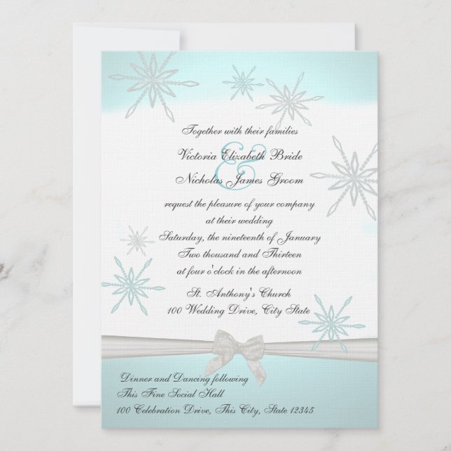 Winter Snowflakes and Ribbon Wedding Invitation (Front)
