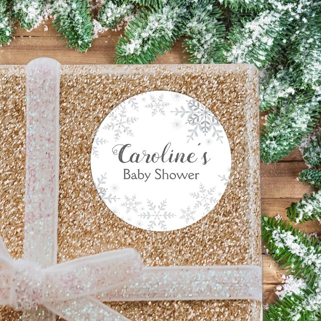 Winter Snowflakes Baby Shower Silver Glitter Classic Round Sticker (Creator Uploaded)